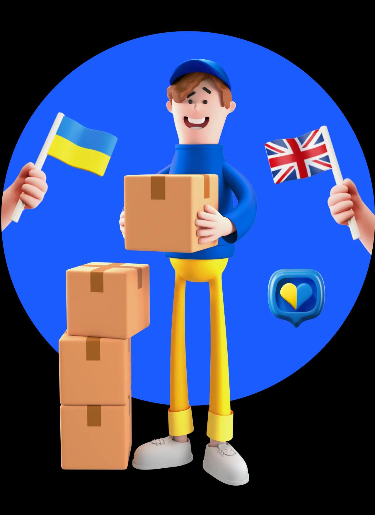 Picture of delivery man with parcels. Ukraine and England flag on background